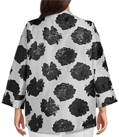 IC Collection Plus Size Black Rosette Printed High Round Collar Bracelet Length Sleeve Asymmetric One-Button Jacquard Jacket