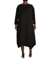 IC Collection Plus Size Double Textured Puckered Ity Knit Crew Neck 3/4 Sleeve A-Line Asymmetrical Hem Midi Dress