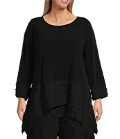 IC Collection Plus Size Double Textured Puckered Ity Knit Scoop Neck 3/4 Sleeve Asymmetrical Tunic