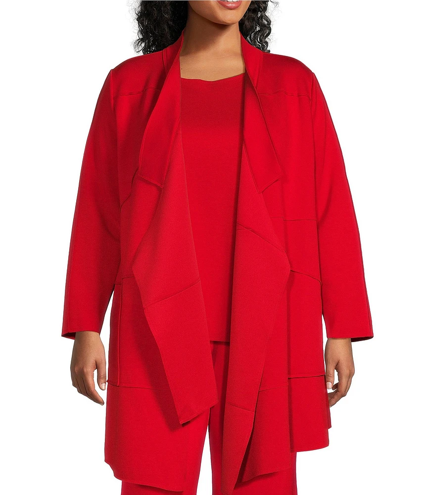 IC Collection Plus Size Knit Crepe Lapel Collar Long Sleeve Asymmetrical Hem Jacket