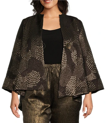 IC Collection Plus Size Mix Metallic Textured Printed Mock Neck Bracelet Sleeve Asymmetric Hem One Button-Front Jacket