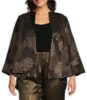 IC Collection Plus Size Mix Metallic Textured Printed Mock Neck Bracelet Sleeve Asymmetric Hem One Button-Front Jacket