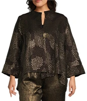 IC Collection Plus Size Mix Metallic Textured Printed Mock Neck Bracelet Sleeve Asymmetric Hem One Button-Front Jacket