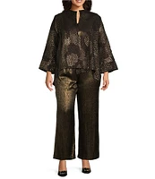 IC Collection Plus Size Mix Metallic Textured Printed Mock Neck Bracelet Sleeve Asymmetric Hem One Button-Front Jacket