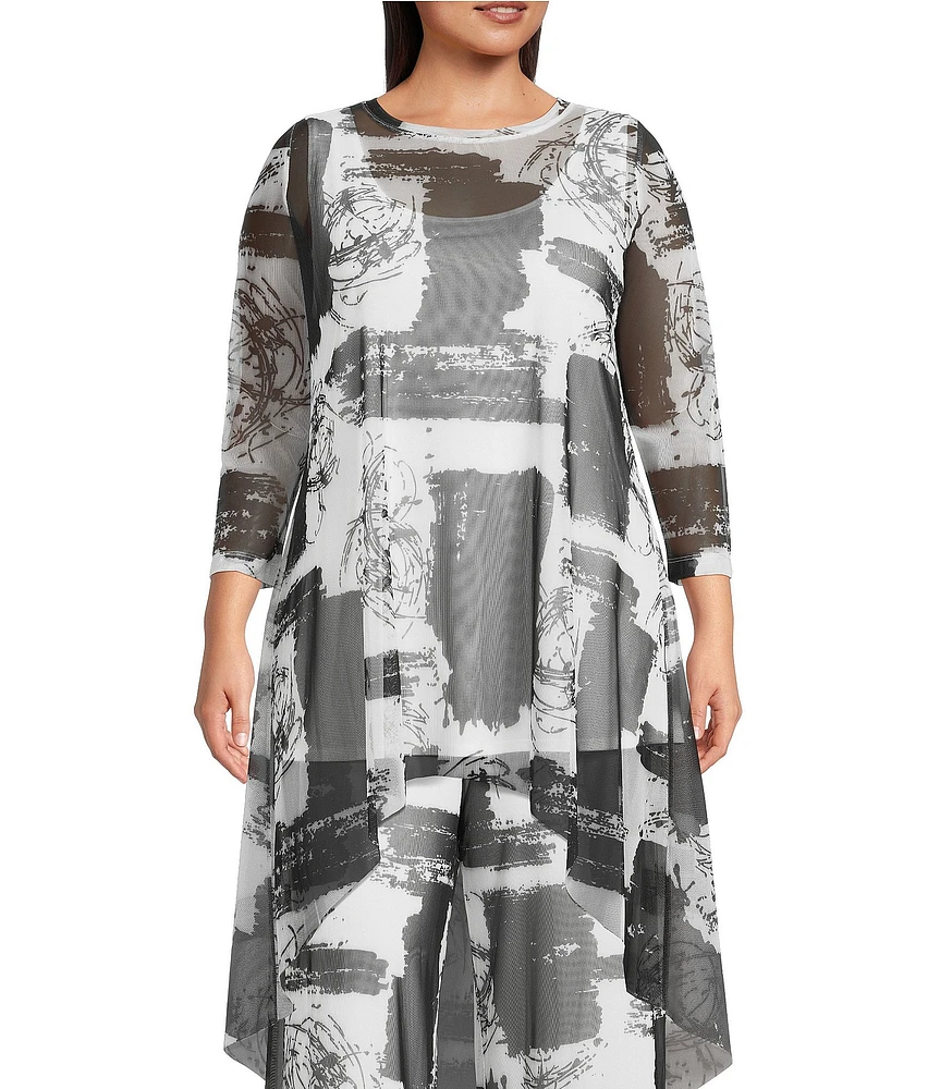 IC Collection Plus Size Printed Mesh Boat Neck 3/4 Sleeve High Low Coordinating Top