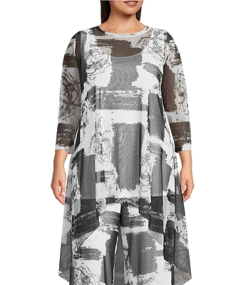 IC Collection Plus Size Printed Mesh Boat Neck 3/4 Sleeve High Low Coordinating Top