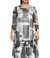 IC Collection Plus Size Printed Mesh Boat Neck 3/4 Sleeve High Low Coordinating Top