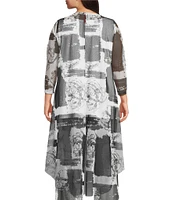 IC Collection Plus Size Printed Mesh Boat Neck 3/4 Sleeve High Low Coordinating Top