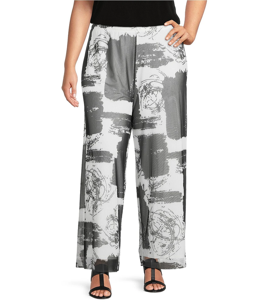 IC Collection Plus Size Printed Mesh Elastic Waist Wide Leg Pull-On Coordinating Pants