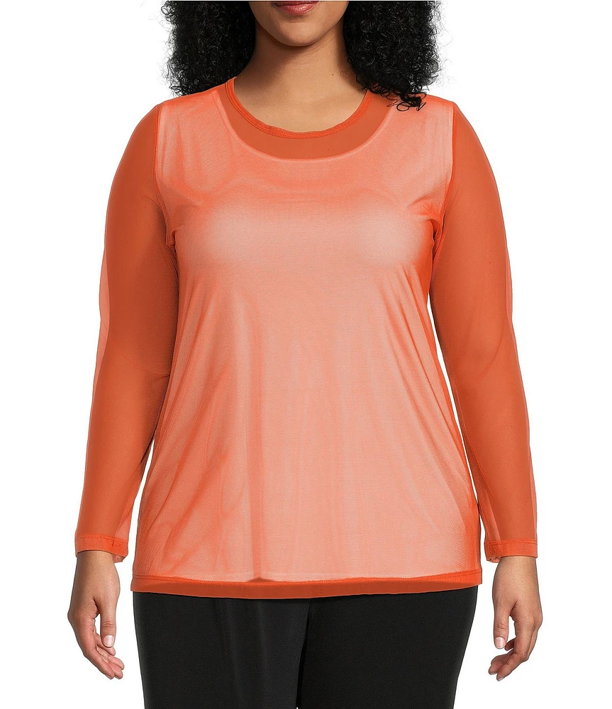 IC Collection Plus Size Sheer Knit Mesh Crew Neck Long Sleeve Top