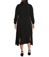 IC Collection Plus Size Textured Bubble Check Pucker Woven Mock Neck 3/4 Sleeve Asymmetrical Hem Pocketed Sheath Midi Dress