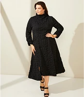 IC Collection Plus Size Textured Bubble Check Pucker Woven Mock Neck 3/4 Sleeve Asymmetrical Hem Pocketed Sheath Midi Dress