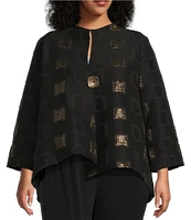 IC Collection Plus Size Textured Gold Metallic Geo Pattern Mock Neck Bracelet Length Sleeve Asymmetric One-Button Jacket