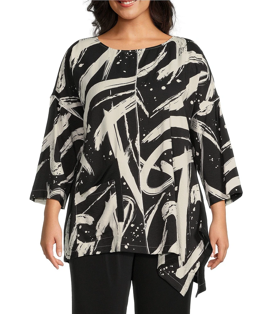 IC Collection Plus Size Woven Abstract Print Boat Neck 3/4 Sleeve Asymmetrical Tunic