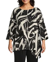 IC Collection Plus Size Woven Abstract Print Boat Neck 3/4 Sleeve Asymmetrical Tunic