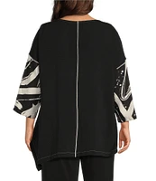 IC Collection Plus Size Woven Abstract Print Boat Neck 3/4 Sleeve Asymmetrical Tunic