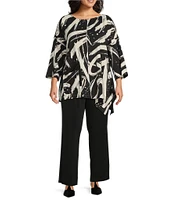IC Collection Plus Size Woven Abstract Print Boat Neck 3/4 Sleeve Asymmetrical Tunic