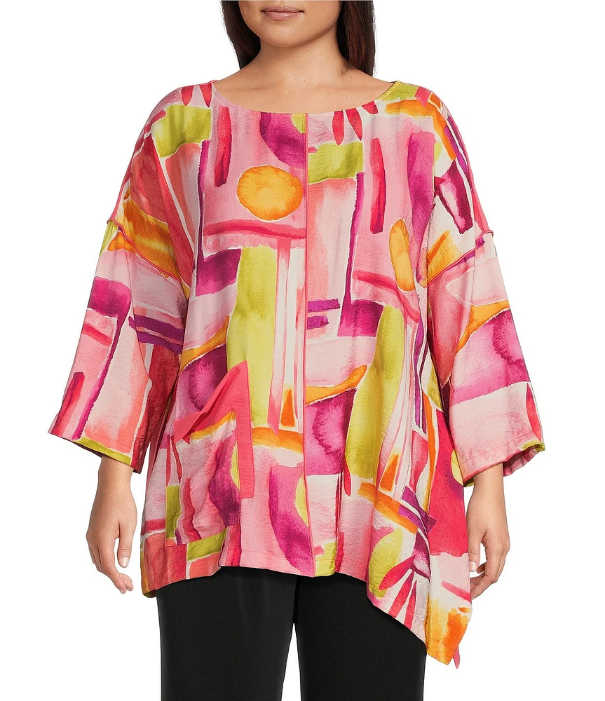 IC Collection Plus Size Woven Geo Print Boat Neck 3/4 Sleeves Asymmetrical Tunic