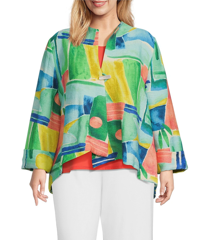 IC Collection Plus Woven Abstract Print Stand Collar Bracelet Sleeve Jacket