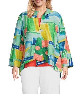 IC Collection Plus Woven Abstract Print Stand Collar Bracelet Sleeve Jacket
