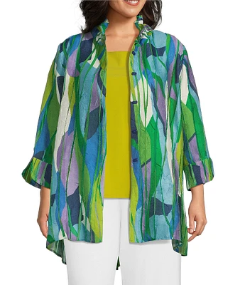 IC Collection Plus Woven Abstract Print Wire Collar Bracelet Sleeve Button Front Jacket