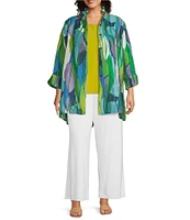 IC Collection Plus Woven Abstract Print Wire Collar Bracelet Sleeve Button Front Jacket