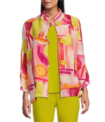 IC Collection Pop Art Geo Print Mandarin Collar Bracelet Sleeve Button Front Jacket