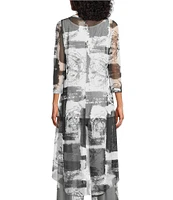 IC Collection Printed Mesh Boat Neck 3/4 Sleeve High Low Coordinating Top