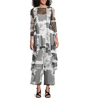IC Collection Printed Mesh Boat Neck 3/4 Sleeve High Low Coordinating Top