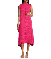 IC Collection Pucker Bubble Check Pattern Mock Neck Sleeveless Drape Side Dress