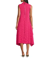 IC Collection Pucker Bubble Check Pattern Mock Neck Sleeveless Drape Side Dress