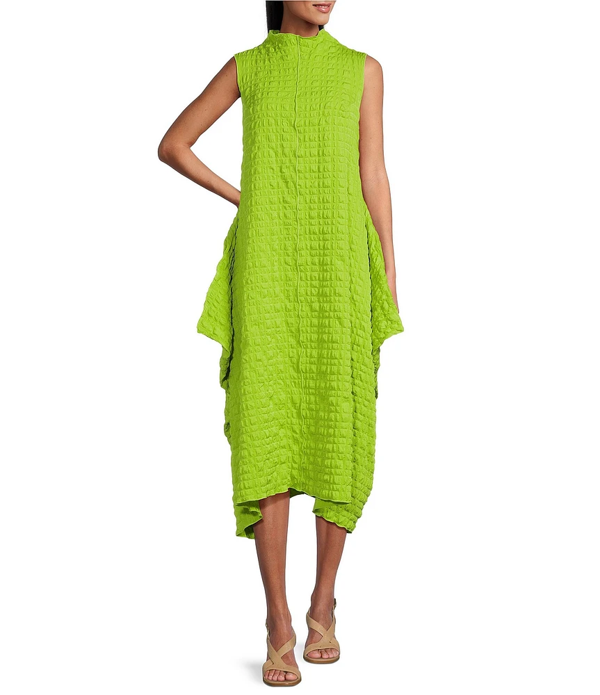IC Collection Pucker Bubble Check Pattern Mock Neck Sleeveless Drape Side Dress