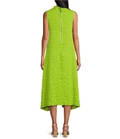 IC Collection Pucker Bubble Check Pattern Mock Neck Sleeveless Drape Side Dress