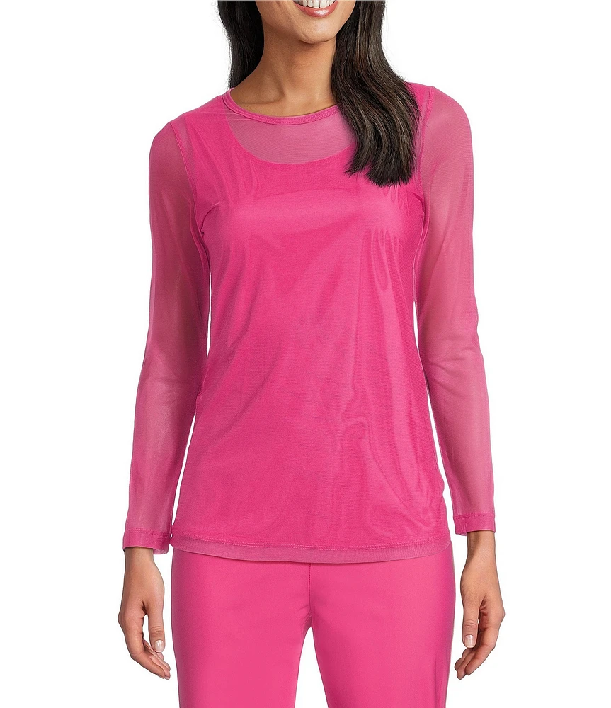 IC Collection Sheer Mesh Crew Neck Long Sleeve Knit Top