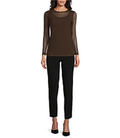 IC Collection Sheer Mesh Crew Neck Long Sleeve Knit Top