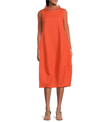 IC Collection Sleeveless Sheer Organza Funnel Neck Balloon Waistless Midi Dress