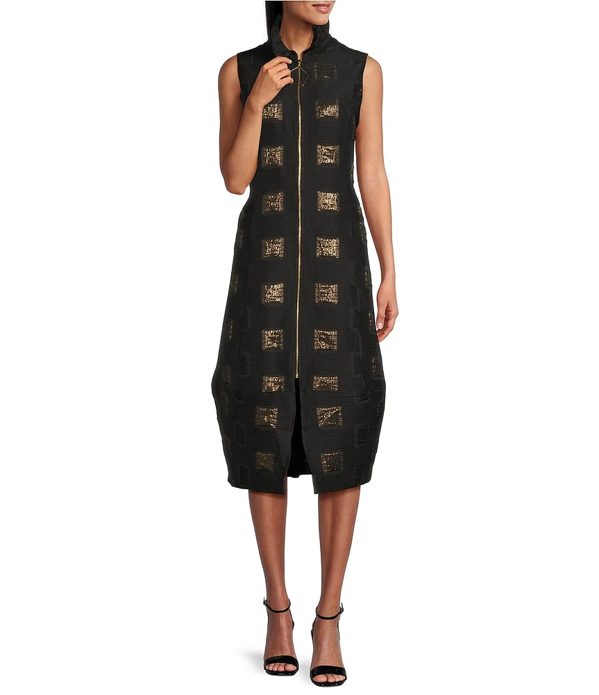 IC Collection Stretch Woven Metallic Gold Geo Pattern Ruffled Stand Neck Sleeveless Pocketed A-Line Midi Dress