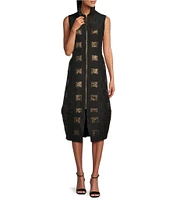 IC Collection Stretch Woven Metallic Gold Geo Pattern Ruffled Stand Neck Sleeveless Pocketed A-Line Midi Dress