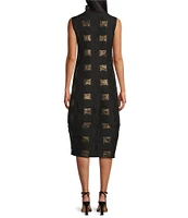 IC Collection Stretch Woven Metallic Gold Geo Pattern Ruffled Stand Neck Sleeveless Pocketed A-Line Midi Dress