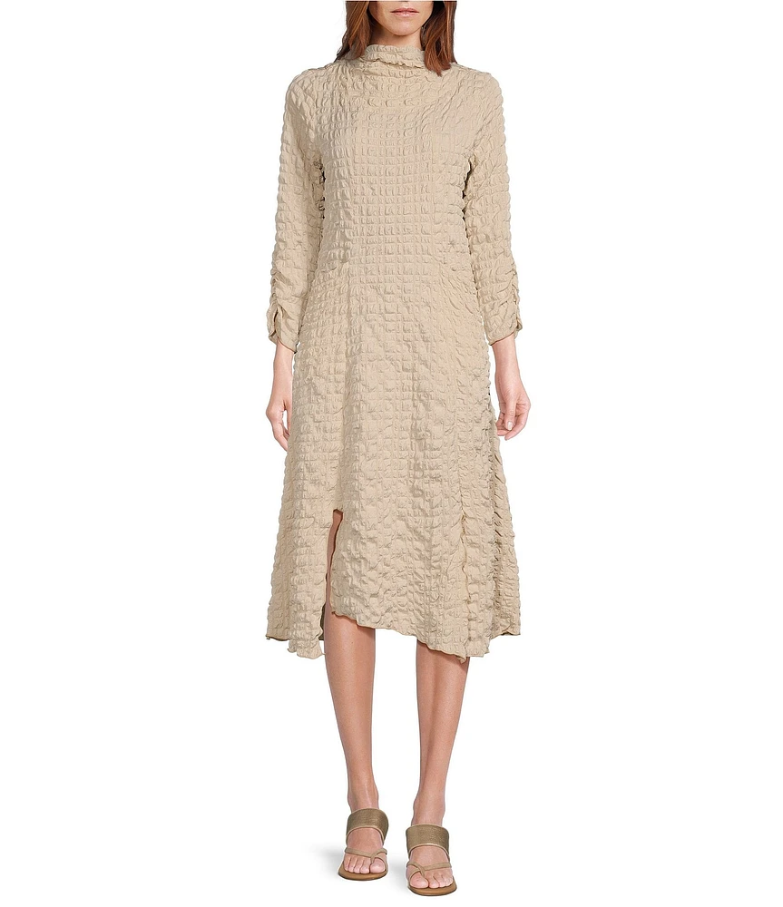 IC Collection Textured Bubble Check Pucker Woven Mock Neck 3/4 Sleeve Asymmetrical Hem Midi A-Line Dress