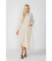 IC Collection Textured Bubble Check Pucker Woven Mock Neck 3/4 Sleeve Asymmetrical Hem Midi A-Line Dress