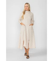 IC Collection Textured Bubble Check Pucker Woven Mock Neck 3/4 Sleeve Asymmetrical Hem Midi A-Line Dress