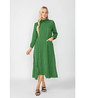 IC Collection Textured Bubble Check Pucker Woven Mock Neck 3/4 Sleeve Asymmetrical Hem Midi A-Line Dress