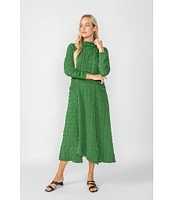 IC Collection Textured Bubble Check Pucker Woven Mock Neck 3/4 Sleeve Asymmetrical Hem Midi A-Line Dress