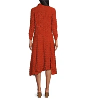 IC Collection Textured Bubble Check Pucker Woven Mock Neck 3/4 Sleeve Asymmetrical Hem Midi A-Line Dress