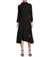 IC Collection Textured Bubble Check Pucker Woven Mock Neck 3/4 Sleeve Asymmetrical Hem Midi A-Line Dress