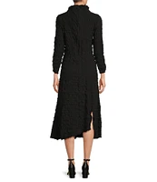 IC Collection Textured Bubble Check Pucker Woven Mock Neck 3/4 Sleeve Asymmetrical Hem Midi A-Line Dress