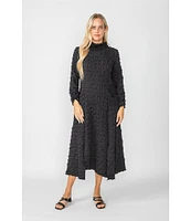 IC Collection Textured Bubble Check Pucker Woven Mock Neck 3/4 Sleeve Asymmetrical Hem Midi A-Line Dress