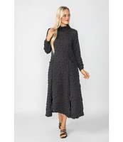 IC Collection Textured Bubble Check Pucker Woven Mock Neck 3/4 Sleeve Asymmetrical Hem Midi A-Line Dress