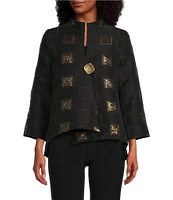 IC Collection Textured Gold Metallic Geo Pattern Mock Neck Bracelet Length Sleeve Asymmetric One-Button Jacket